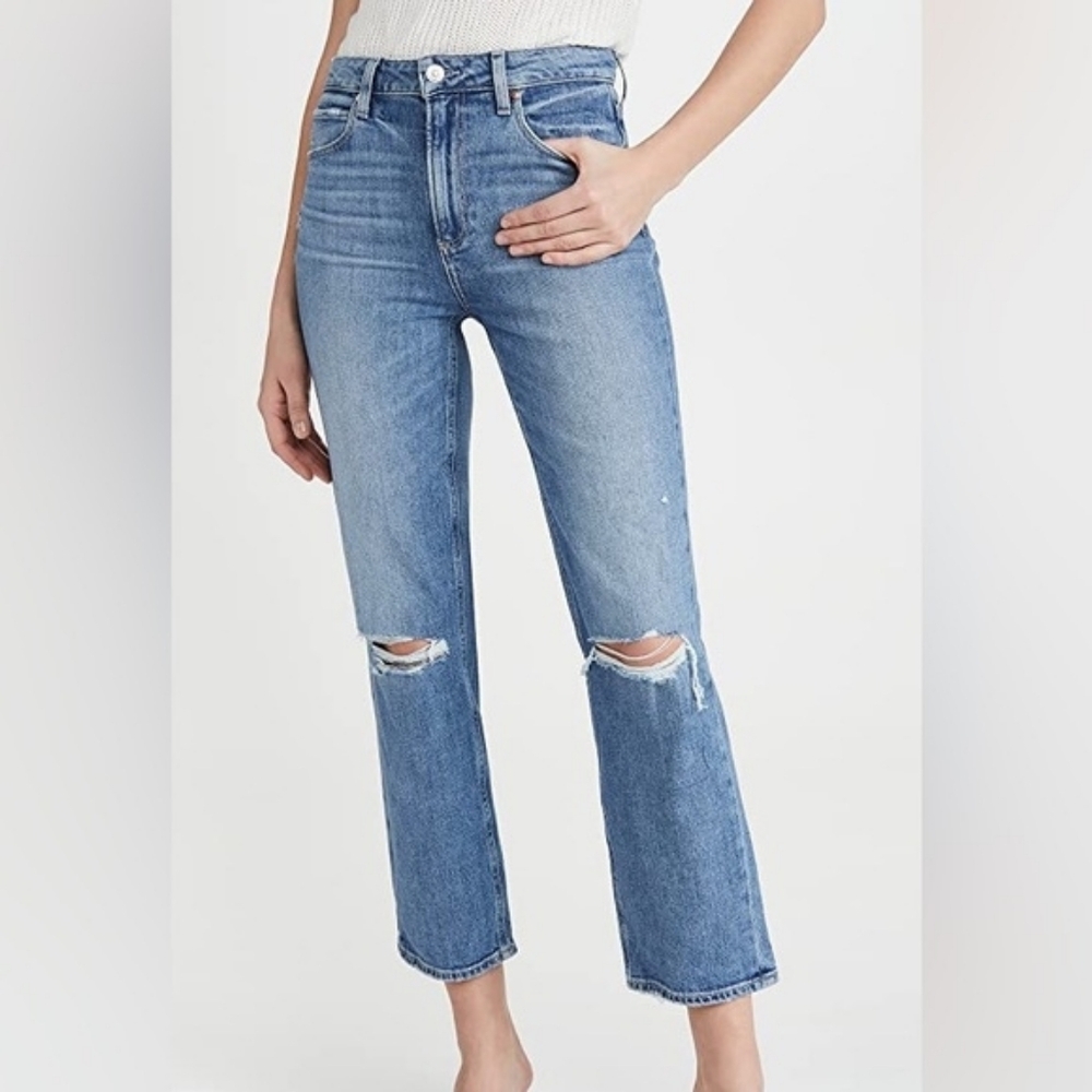 NWT PAIGE Sarah Light Blue Distressed Straight Ankle Jeans Size 26